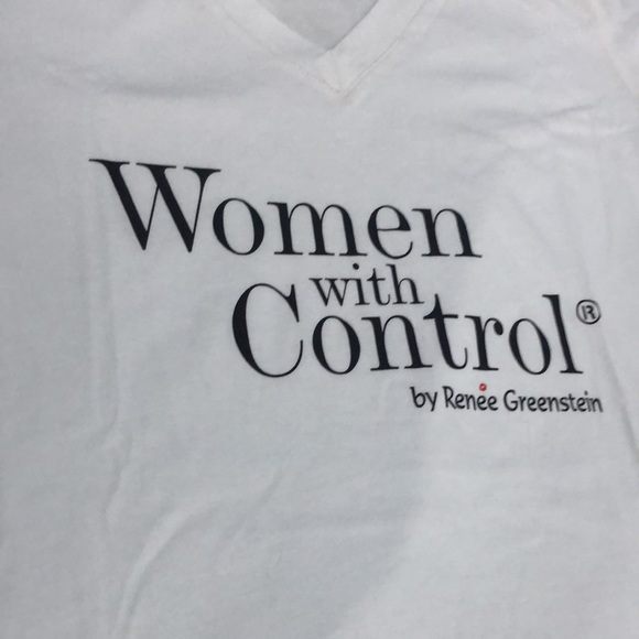 Renee Greenstein YOGA T-Shirt “WOMEN WITH CONTROL “size XS white v- neck tee - Picture 2 of 11